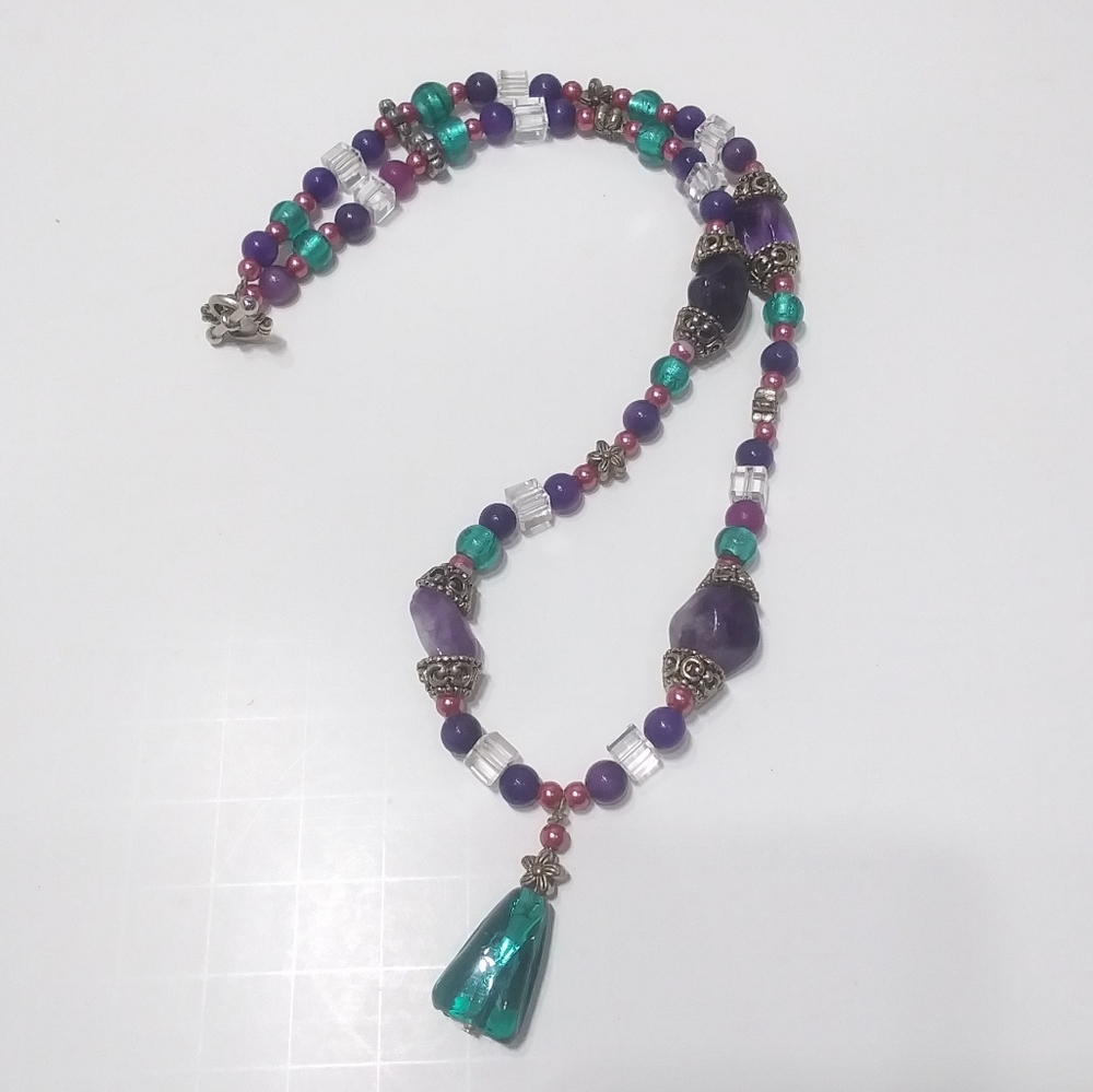 Pink, Green & Purple Beaded Necklace - Picture 1 of 9